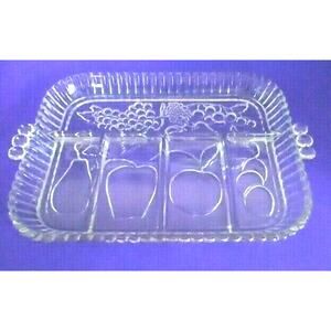 Indiana Glass Divided Serving Charcuterie Platter Tray Fruit Embossed Glass VTG